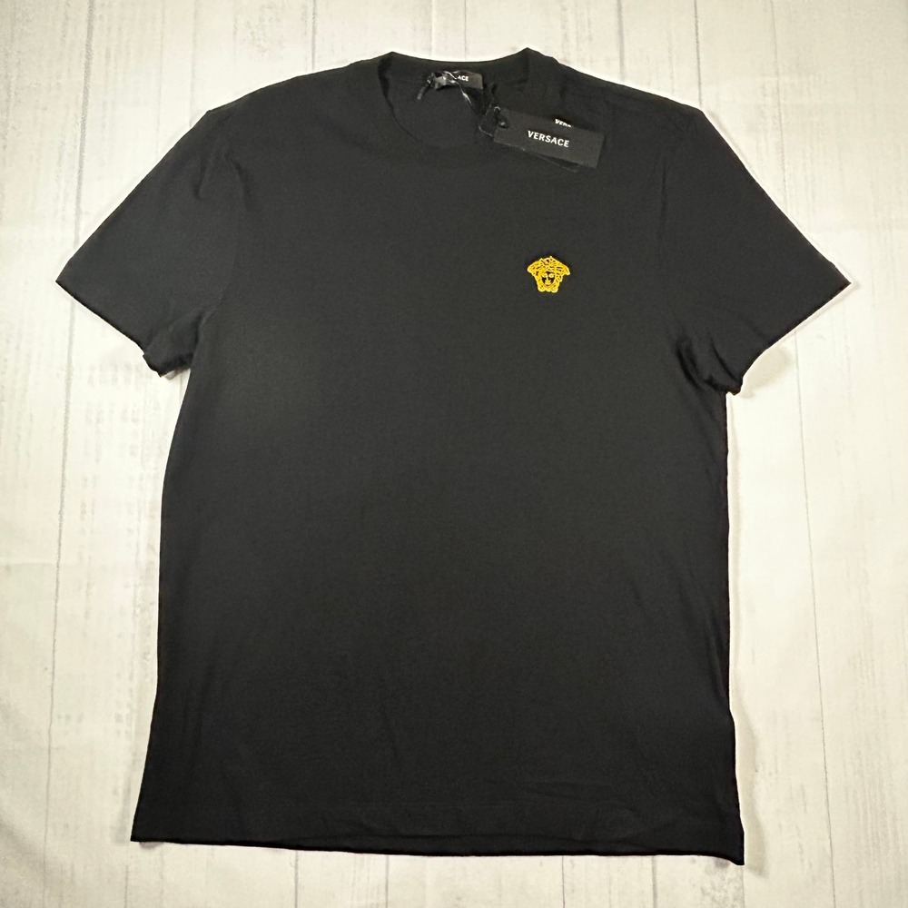 AUTHENTIC NWT Versace Mens Medusa Head Logo T-Shirt Black Gold Embroidered L